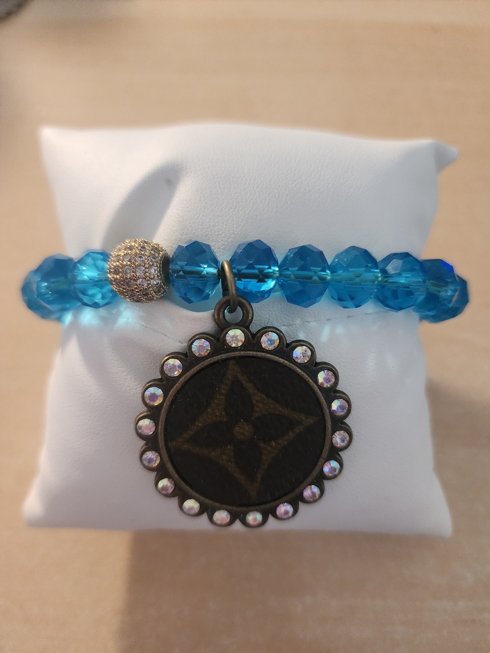 Blue Crystal Stretch Bracelet with Round Medallion Charm = Upcycle